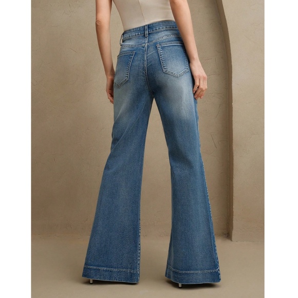 Boho Medium Wash High Waisted Floral Embroidered Split Hem Wide leg Jeans Pant - Picture 4 of 7